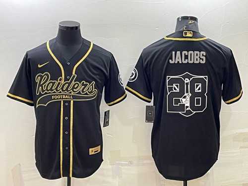 Mens Las Vegas Raiders #28 Josh Jacobs Black Gold Team Big Logo With Patch Cool Base Stitched Baseball Jersey